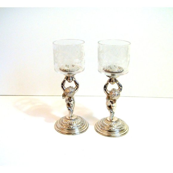 Pairpoint Silver Plate Cherub Votive Holders with Etched Glass PAIR - Picture 8 of 9